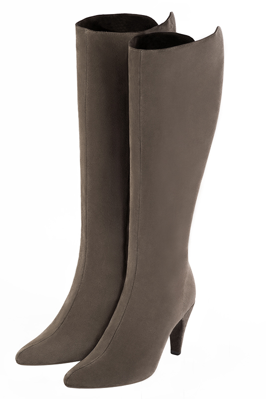 Custom-made women's taupe brown elegant knee-high boots, with laces at the back. Tapered toe. High slim heel - Front view